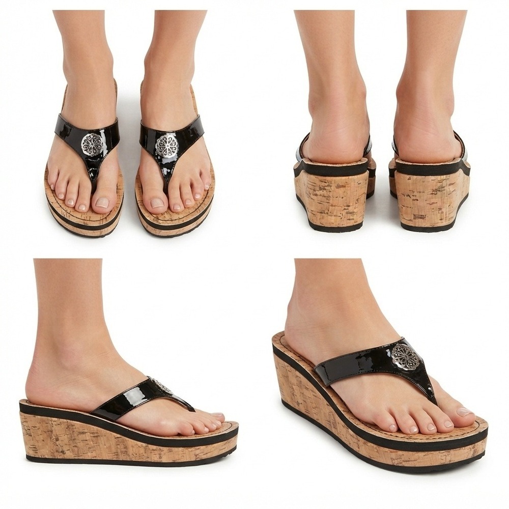 Charming Charlie Sandals Womens 9 Black Patent Cork Wedge Platform Thong